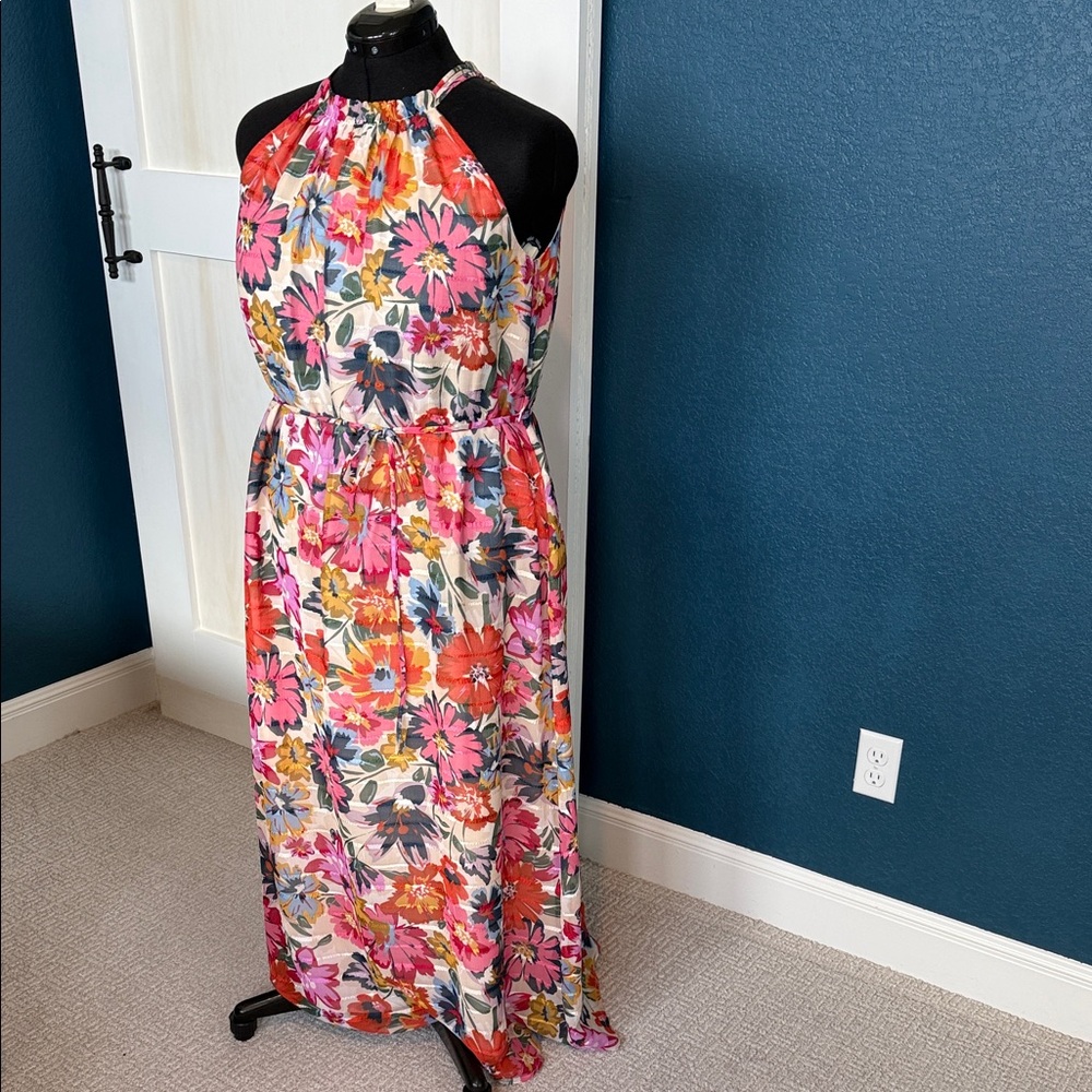 Maggy London Pink & Orange Floral Halter Maxi Dress